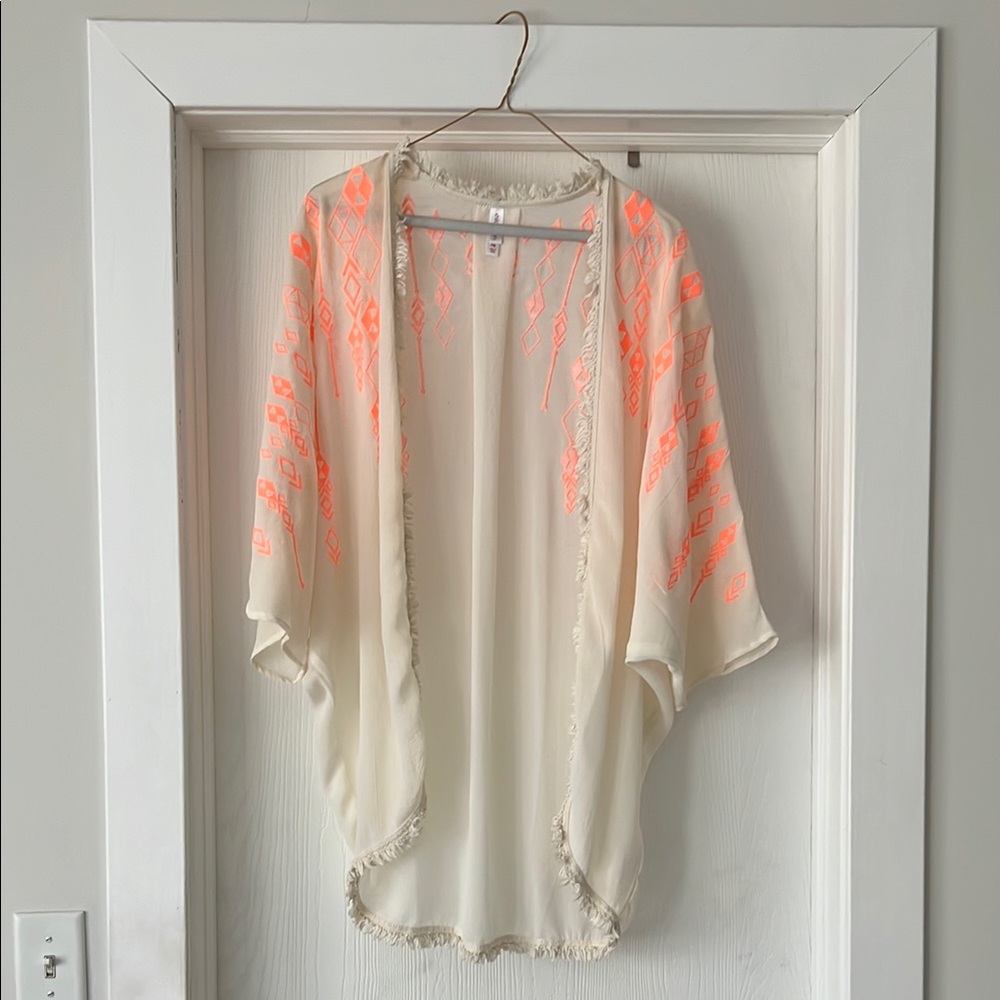Cream and Neon Orange Kimono Cardigan Swim Coverup